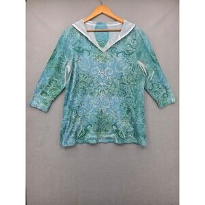 Style & Co Sport XL Waffle Knit Hoodie Aqua Green Paisley Rhinestone 3/4 Sleeve